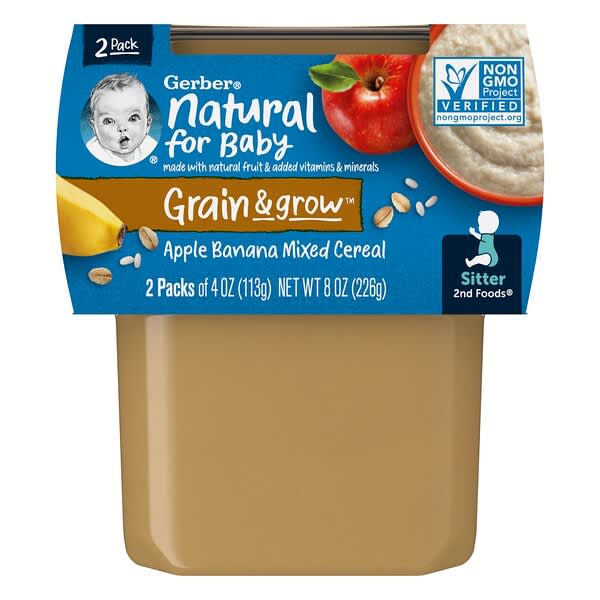 Gerber, Natural for Baby, Grain & Grow™, 2nd Foods®, Apple Banana Mixed Cereal, 2 Pack, 4 oz (113 g)