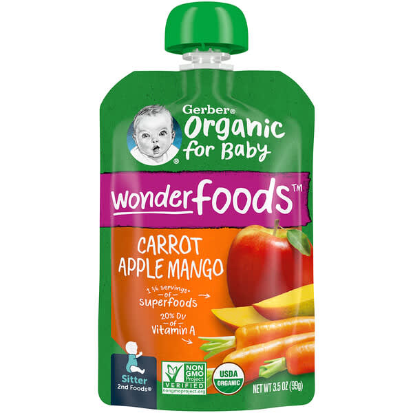 Gerber‏, Organic for Baby, Wonder Foods, 2nd Foods, Carrot, Apple, Mango, 3.5 oz (99 g)