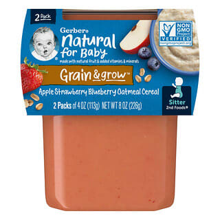 Gerber, Natural for Baby, Grain & Grow, 2nd Foods, Apple Strawberry Blueberry Oatmeal Cereal, 2 Pack, 4 oz (113 g) Each