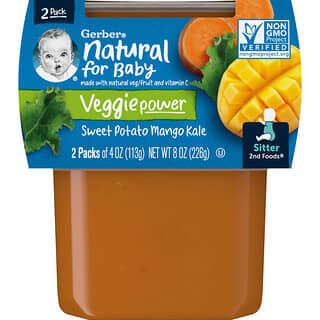 Gerber, Natural for Baby, Veggie Power, батат, манго и кудрявая капуста, 2nd Foods, 2 упаковки по 113 г (4 унции)