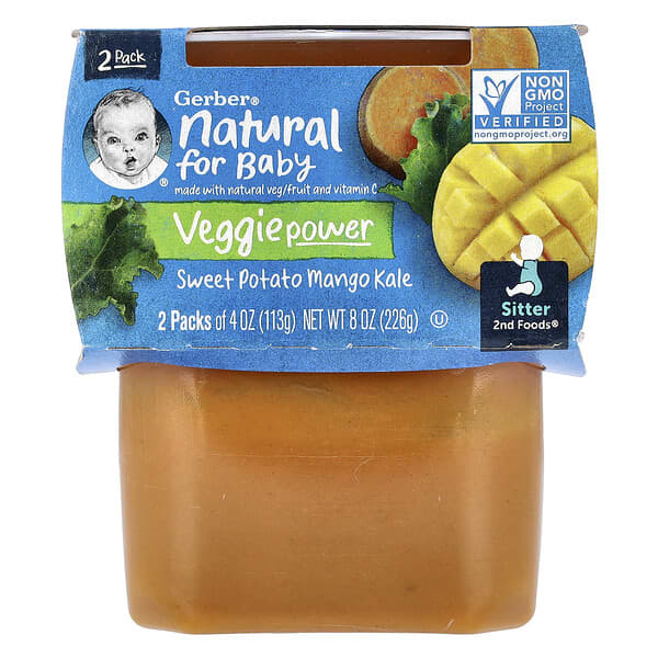 Gerber, Natural for Baby，蔬菜粉、甘薯、芒果、羽衣甘藍，2 階段輔食，2 包，每包 4 盎司（113 克）
