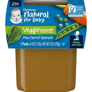 Gerber, Natural for Baby, Veggie Power, 2nd Foods, piselli, carote e spinaci, 2 confezioni, 113 g ciascuna