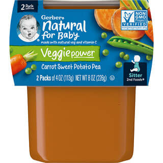 Gerber, Natural for Baby, Veggie Power, 2nd Foods, морковь и батат и горошек, 2 упаковки по 113 г (4 унции)