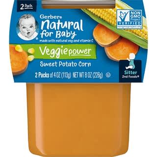 Gerber, Natural for Baby，Veggiepower，甘薯、玉米，2 階段輔食，2 包，每包 4 盎司（113 克）