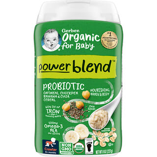 Gerber, PowerBlend, 영유아용 유기농 간식, 프로바이오틱, 오트밀, 병아리콩, 바나나, 치아 시리얼, 생후 8개월 이상, 227g(8oz)