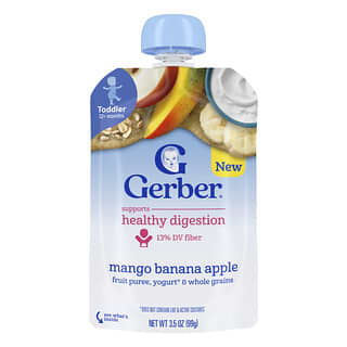 Gerber, Purê de Frutas, Iogurtes e Grãos Integrais, A partir de 12 Meses, Manga, Banana e Maçã, 99 g (3,5 oz)