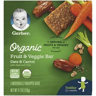 Gerber, Organic Fruit & Veggie Bar, 12+ Months, Date & Carrot, 5 Individually Wrapped Bars, 24 g Each