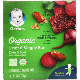Gerber, Organic Fruit & Veggie Bar, 12+ Months, Date & Beet, 5 Individually Wrapped Bars, 4.2 oz (120 g)