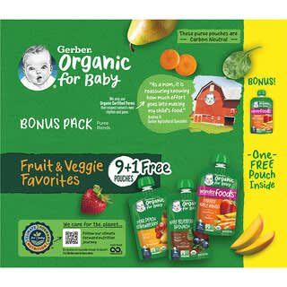 Gerber, Organic for Baby, 2nd Foods, Fruit & Veggie Favorites, 9 Pouches, 3.5 oz (99 g) Each