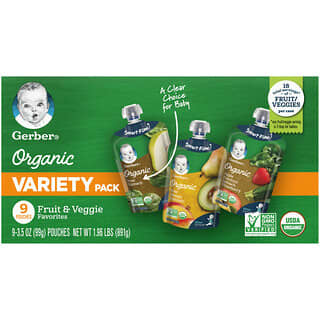 Gerber, Organic Variety Pack, 2nd Foods, Fruit & Veggie Favorites, 9 Pouches, 3.5 oz (99 g) Each