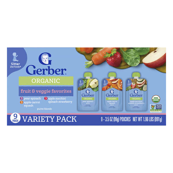 Gerber, 유기농 퓨레 혼합물, 버라이어티 팩, 2nd Foods®, 인기 과일 및 채소, 파우치 9개, 각 99g(3.5oz)