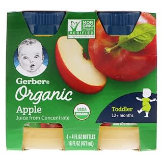 Gerber, Organic, Apple Juice, Toddler, 12+ Months, 4 Bottles, 4 fl oz (118 ml) Each