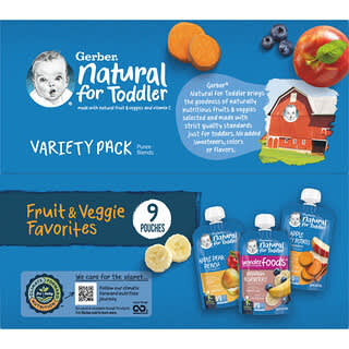Gerber, Natural for Toddler, Variety Pack, 12+ Months,  Fruit & Veggie Favorites, 9 Pouches, 3.5 oz (99 g) Each