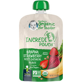 Gerber, Orgánico para niños pequeños, 12 meses en adelante, Plátano, fresa, remolacha, puré de avena`` 90 g (3,17 oz)