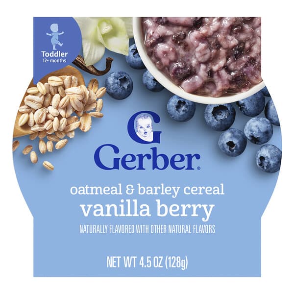 Gerber, 오트밀 & 보리 시리얼, 12개월 이상, 바닐라 베리, 128g(4.5oz)