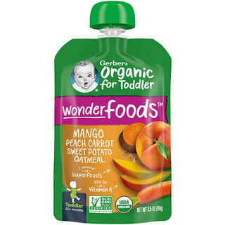 Gerber‏, Organic for Toddler, WonderFoods, מגיל 12 חודשים ומעלה, מנגו אפרסק גזר בטטה ושיבולת שועל, 99 גרם (3.5 אונקיות)
