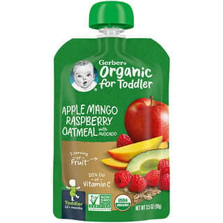Gerber, Orgánico para niños pequeños, Más de 12 meses, Harina de avena con aguacate y manzana, frambuesa y mango`` 99 g (3,5 oz)