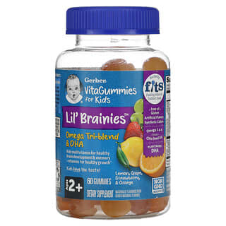 Gerber, VitaGummies for Kids, Lil Brainies, Omega Tri-Blend & DHA, Ages 2+, Lemon, Grape, Strawberry, & Orange, 60 Gummies