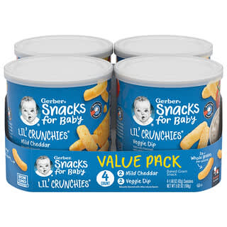 Gerber, Snacks for Baby, Lil' Crunchies, Baked Grain Snack, 8+ Months, Mild Cheddar and Veggie Dip, 4 Canisters, 1.48 oz (42 g) Each
