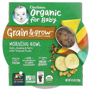 Gerber, Biologique pour bébé, céréales et croissance, bol du matin, 10 mois et plus, avoine, quinoa rouge et lard aux fruits tropicaux, 128 g