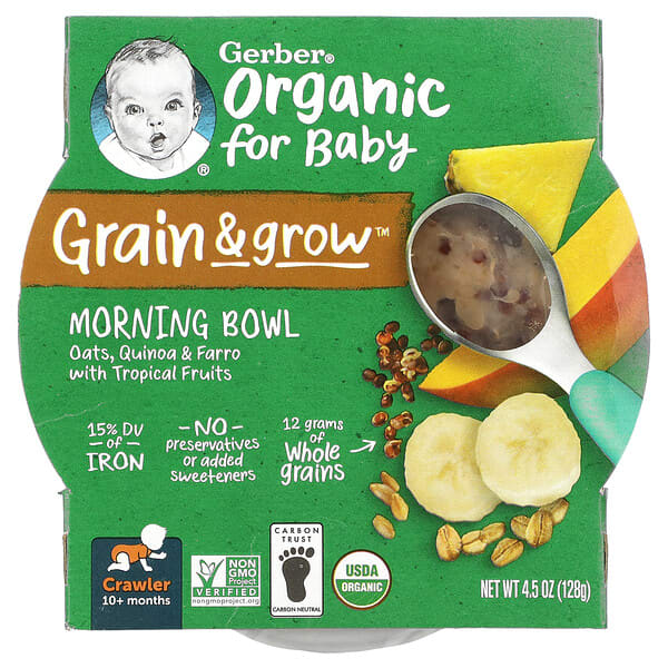 Gerber, Organic Grain &amp; Grow Morning Bowl，10 月齡以上，燕麥、紅藜麥與麥米配熱帶水果，4.5 盎司（128 克）