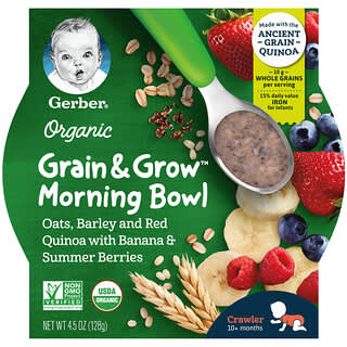Gerber, Organic, Grain & Grow, Morning Bowl, Más de 10 meses, Avena, cebada y quinua roja con plátano y bayas de verano, 128 g (4,5 oz)