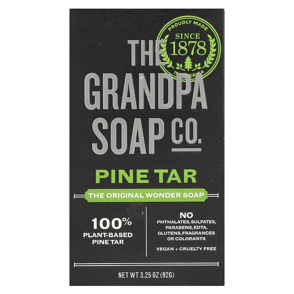 The Grandpa Soap Co., 潔面&amp;沐浴&amp;洗髮香皂，松焦油，3.25 盎司（92 克）