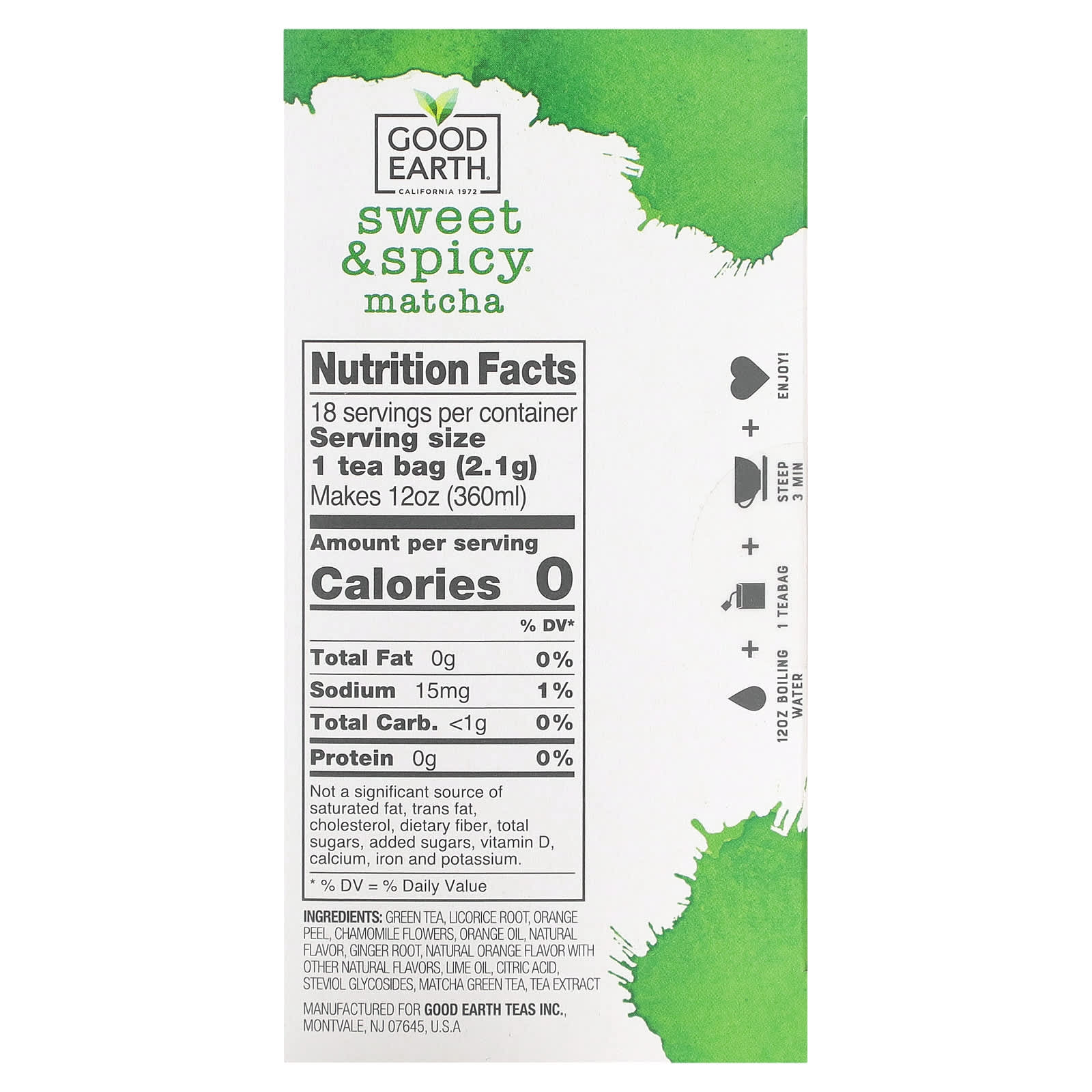 Good Earth Teas, Green Tea, Matcha, Sweet & Spicy, 18 Tea Bags, 1.37 oz