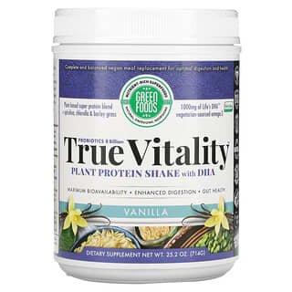 Green Foods Corporation, True Vitality, Boisson protéinée végétale avec DHA, vanille, 714 g