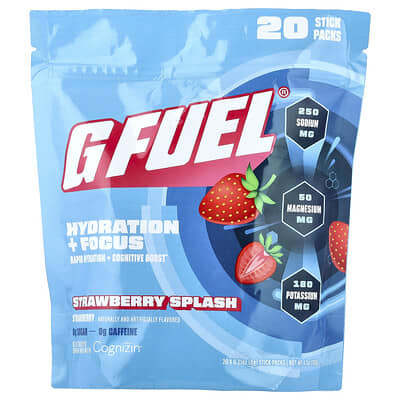 G FUEL, Hydration + Focus, Electrolyte Drink Mix with Cognizin®, Strawberry Splash, 20 Stick Packs, 0.21 oz (6 g) Each