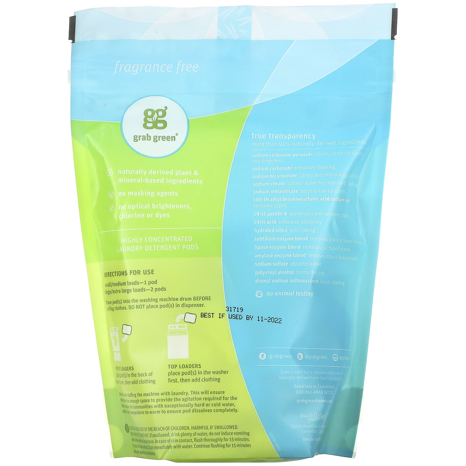 Grab Green, 3-in-1衣類用洗剤ジェルボール、無香料、24回分、384g（13.5オンス）