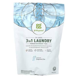 Grab Green, 3-in-1 Laundry Powder Detergent Pods, Fragrance Free, 24 Loads, 13.5 oz (384 g)