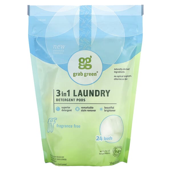 Grab Green, капсули з миючим засобом «3-в-1» для пральних машин, без ароматизаторів, 24 завантаження, 384 г (13,5 унцій)