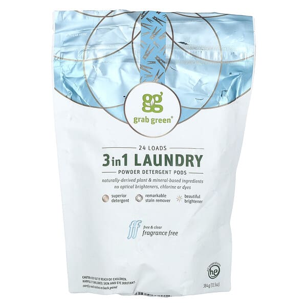 Grab Green, 3-in-1 분말 세탁 세제 포드, 향료 무함유, 24회 사용분, 384g(13.5oz)