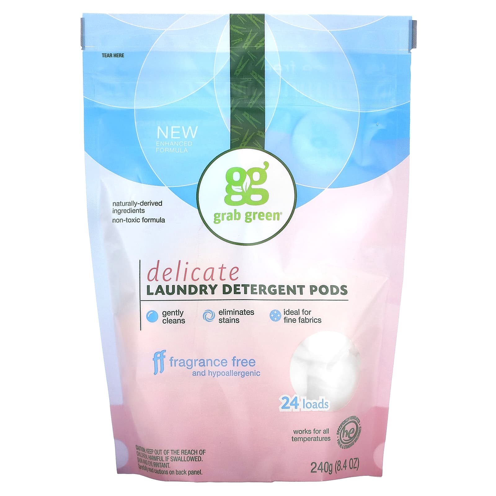 Grab Green, Delicate Laundry Detergent Pods, Fragrance Free, 24 Loads, 8.4 oz (240 g)