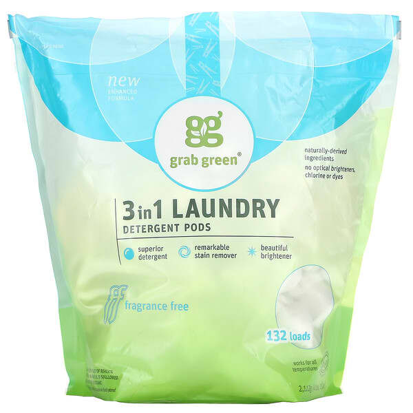 Grab Green, 3-in-1 Waschmittel-Pods, ohne Duftstoffe, 132 Ladungen
