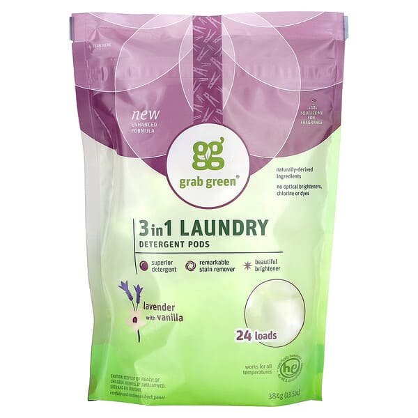 Grab Green, 3 in 1 Laundry Detergent Pods, Lavender with Vanilla, 24 Loads, 13.5 oz (384 g)