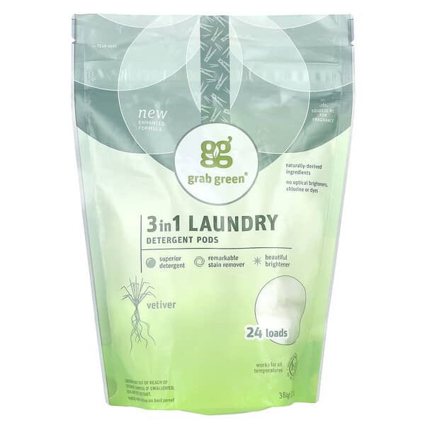 Grab Green, Tabletas de Detergente 3 en 1, Vetiver, 24 Cargas, 15.2 oz (432 g)