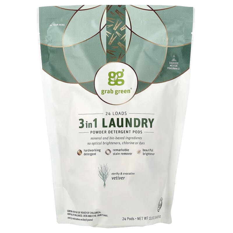 grab green 3 in 1 洗濯用ポッド 24回分　ベチバー✖️4個 3イン1洗濯洗剤パウダーポッド、ベチバー、24個、384g