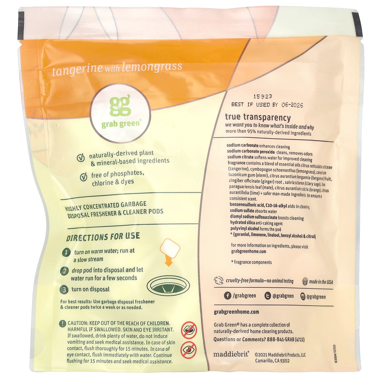 Grab Green, Garbage Disposal Freshener & Cleaner Pods, Tangerine with