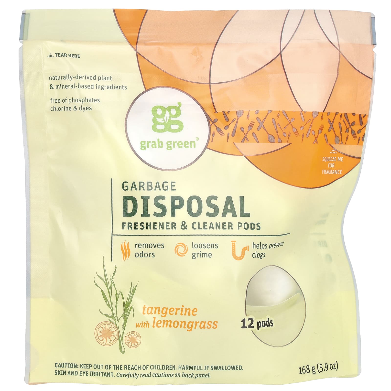 Grab Green, Garbage Disposal Freshener & Cleaner Pods, Tangerine with