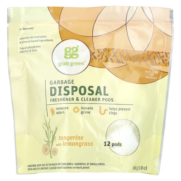 Grab Green, 쓰레기 처리 청정제 및 세척 포드, 귤과 레몬그라스 함유, 포드 12개, 168g(5.9oz)