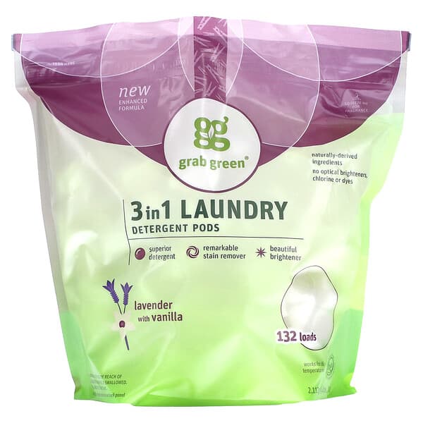 Grab Green, 3in1 Laundry Detergent Pods, Lavender with Vanilla, 132