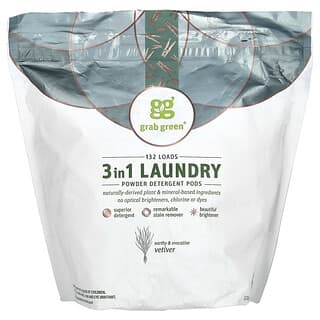 Grab Green, 3-in-1 Laundry Powder Detergent Pods, Vetiver, 132 Loads, 4 lbs (2,112 g)