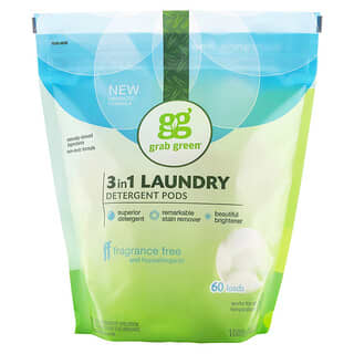Grab Green, 3-in-1 Laundry Detergent Pods, Fragrance Free, 60 Loads, 2lbs, 6oz (1,080 g)