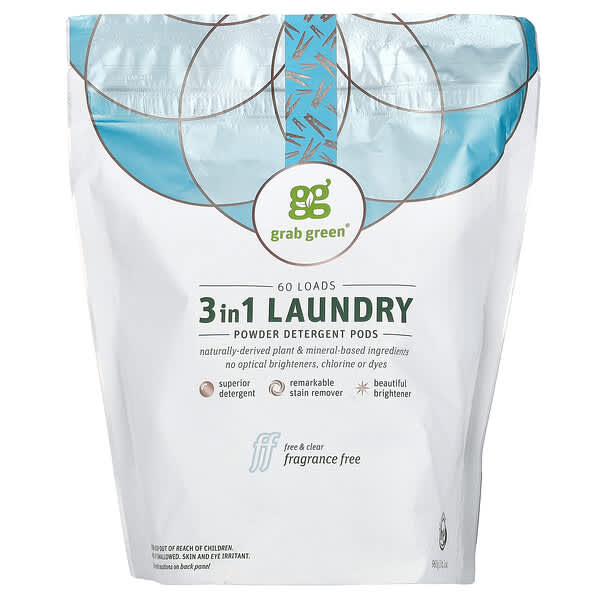 Grab Green, 3in1 Laundry Detergent Pods, Fragrance Free, 60 Loads
