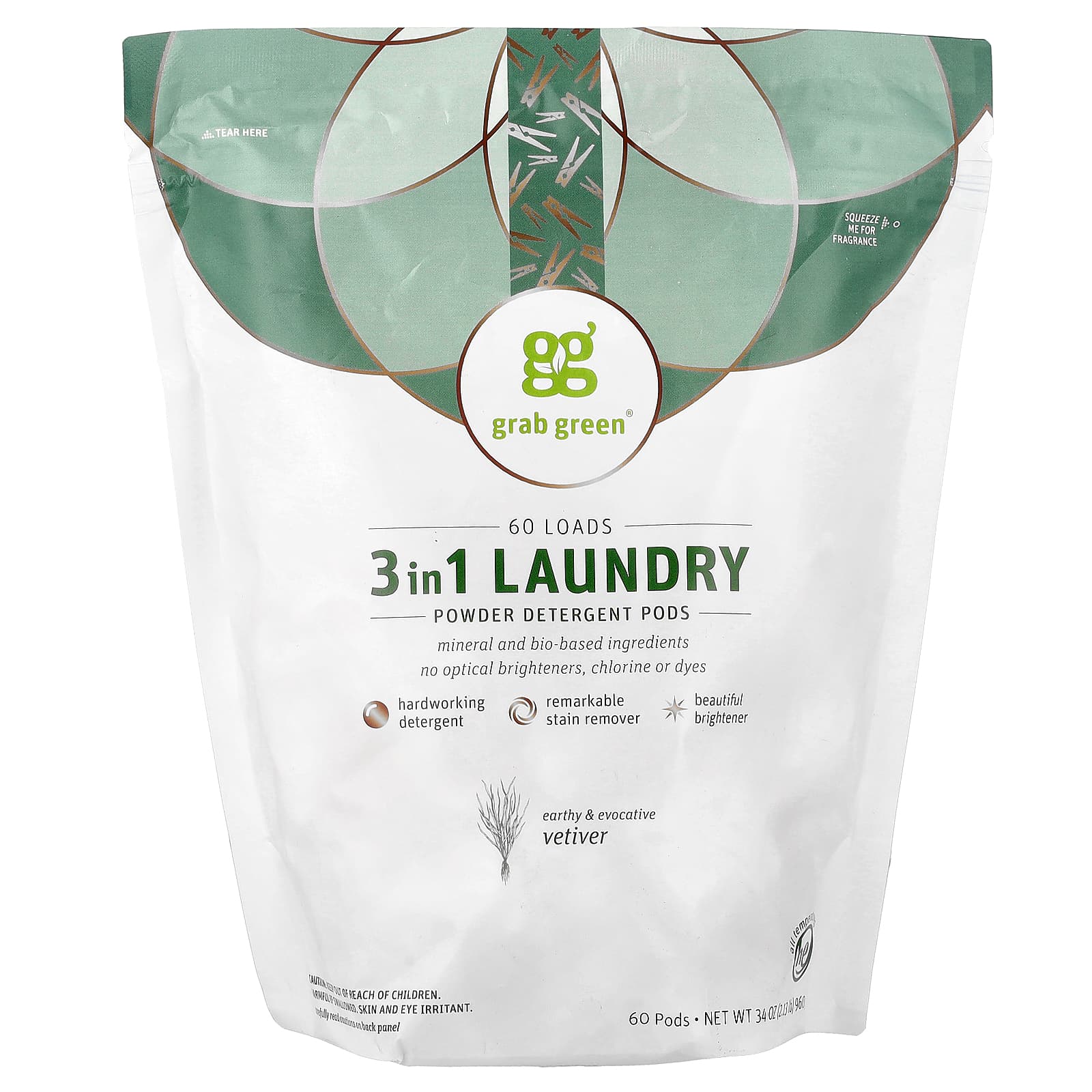未開封 grab green 3in1 粉末洗剤 60回分2個　 ベチバー 3イン1洗濯洗剤パウダーポッド、ベチバー、60個、960g