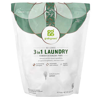 Grab Green, Cápsulas de detergente em pó 3 em 1, Vetiver, 60 cargas, 960 g (960 g)
