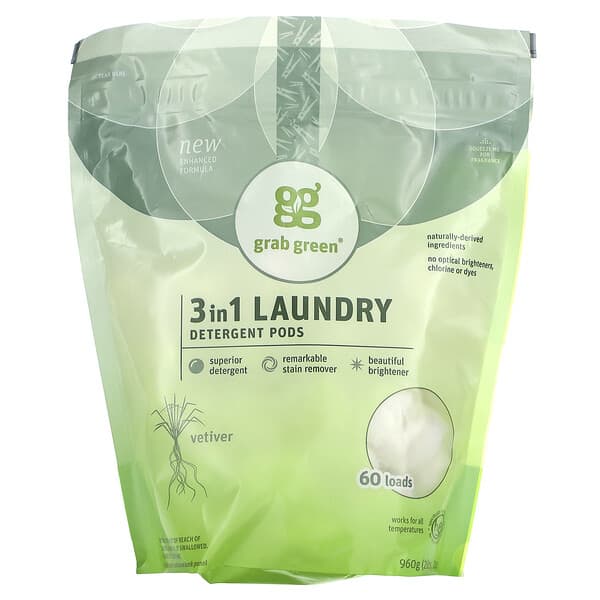 Grab Green, 3-in-1 Laundry Detergent Pods, Vetiver, 60 Loads, 2 lbs, 2 oz (960 g)
