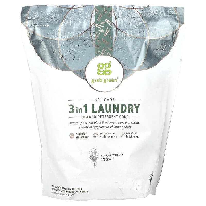Grab Green ３イン1洗濯洗剤ポッド　vetiver 3イン1洗濯用粉洗剤ポッド、ベチベル、60回分、960g（2ポンド2